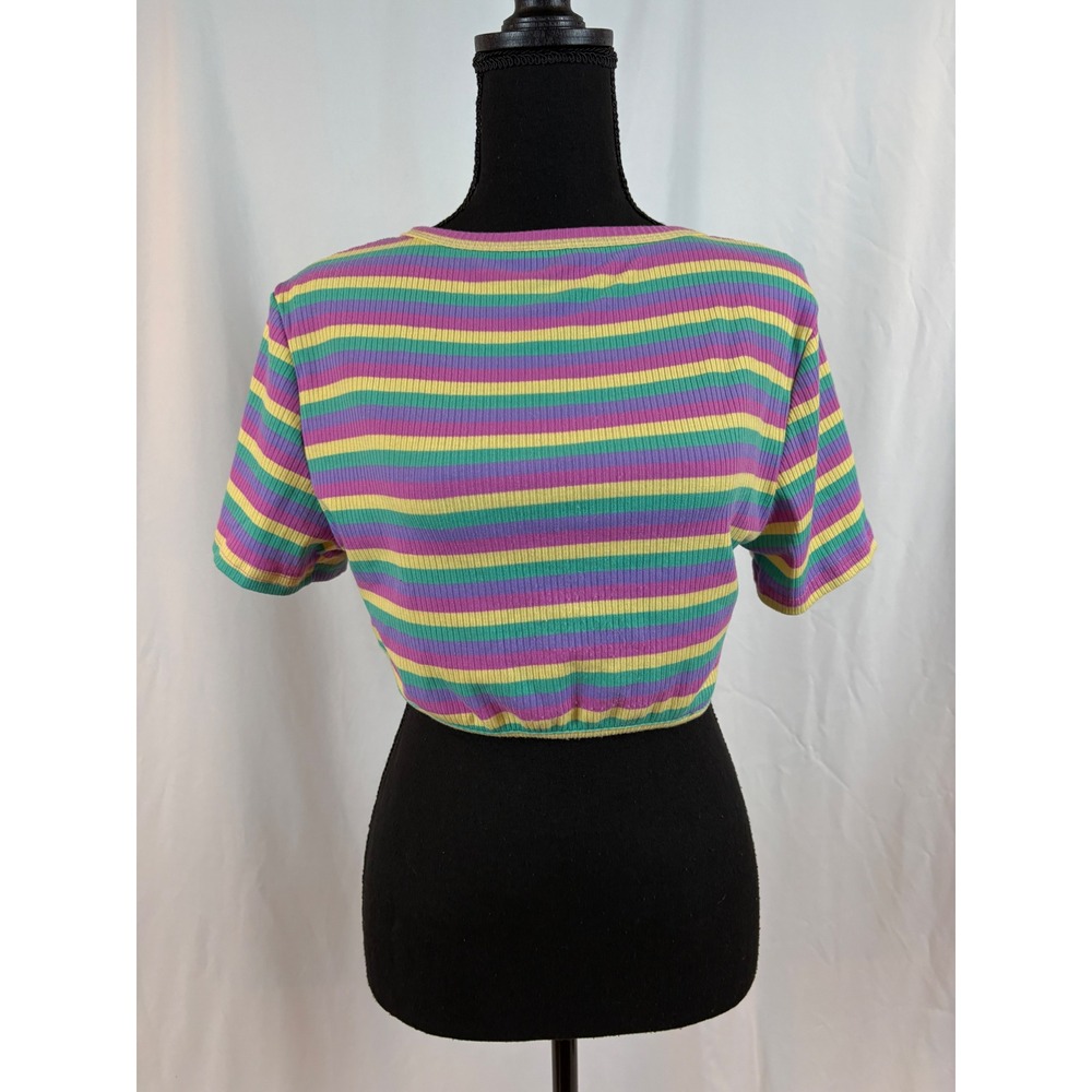 SHEIN XL Multi Color Striped Ribbed Open Back Tie Hem Crop Top Short Sleeve